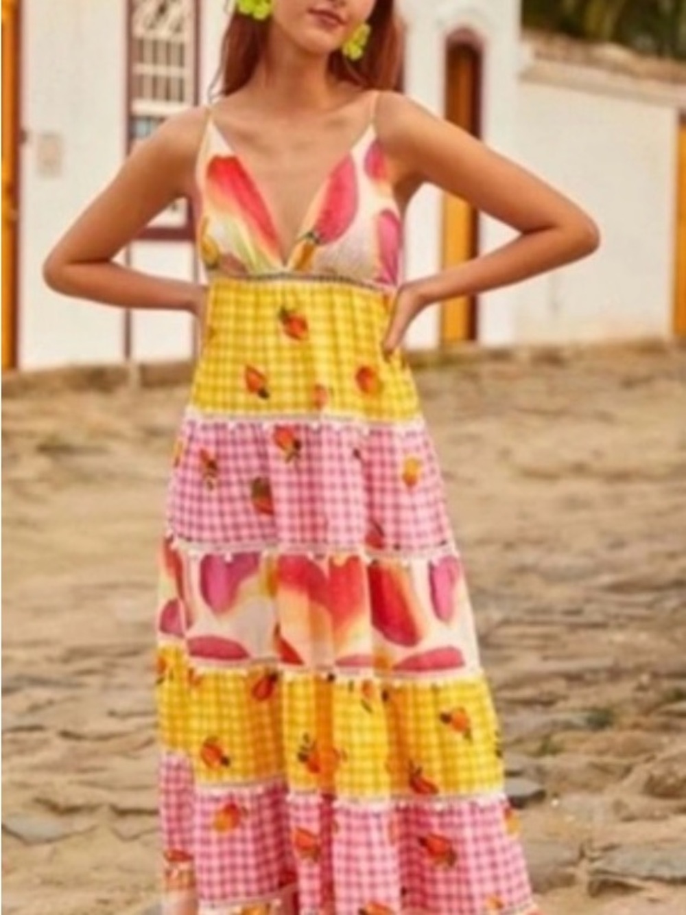 FARM Rio Pink Yellow Orange Tiered Maxi Dress - Picture 2 of 3